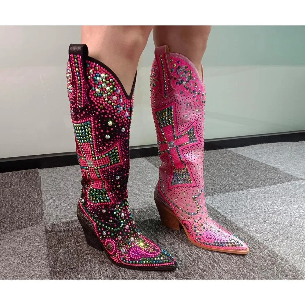 Women's Multi Black Fashion Rhinestone Cross Western Knee-High Cowboy Boots
